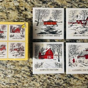 RARE WHOLE SET Vintage Ceramic Tile Trivets Farmhouse Barn Scenes 4" TILES